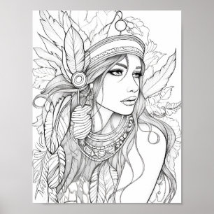 Poster Coloration adulte d'une femme amérindienne