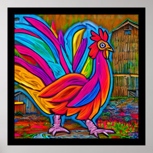 Poster Coloré Abstrait Cartoon Barn Rooster