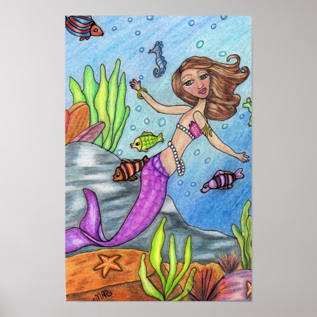 Poster coloré de sirène et de poisson (Devant)
