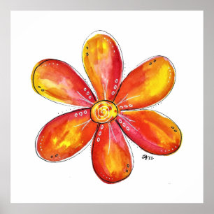 Poster Coloré Whimsical Orange et Fleur Jaune