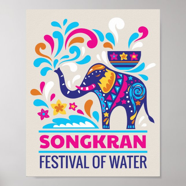 Poster Colorée Festival Songkran Eau Eléphante (Devant)