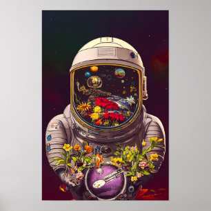 Poster Colorful Astronaut in Space with Flowers Artwork  