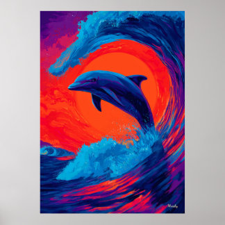 Poster Colorful Expressionist Dolphin Wave Wall Art