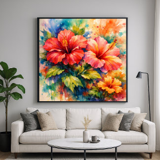 Poster Colorful Floral Watercolor Style Hibiscus Art