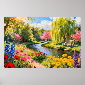 Poster Colorful Flower Garden River Spring Landscape Art