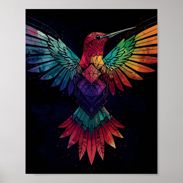 Poster Colorful Geometric Hummingbird Wall Art – Vibrant (Devant)
