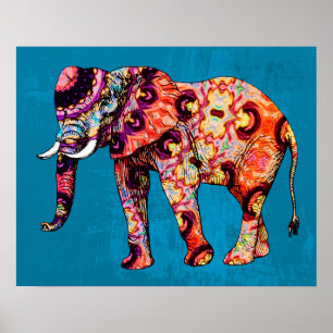 Poster Colorful Multicolored Elephant on Blue Background