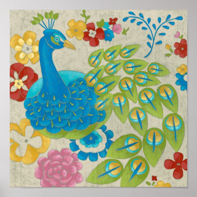 Poster Colorful Peacock et Fleurs (Devant)