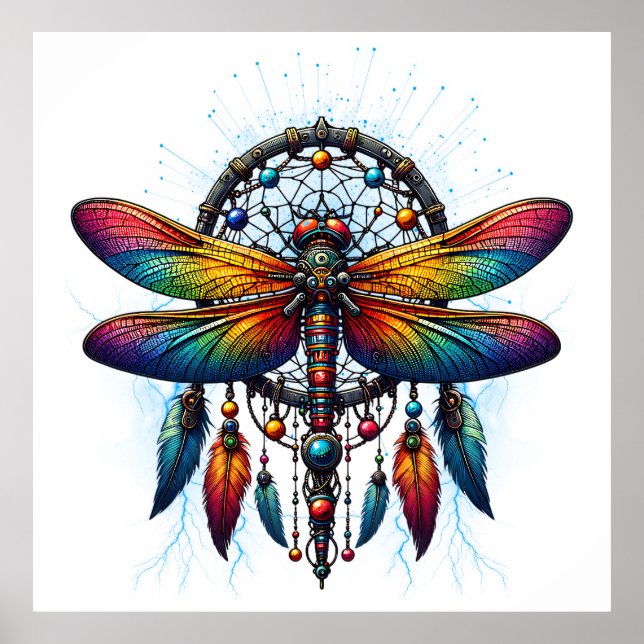 Poster Colorful Psychedelic Dragonfly Dreamcatcher Boho (Devant)