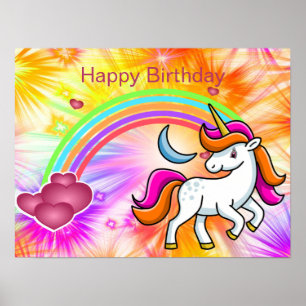 Poster Colorful, Rainbow, Unicorn, Fireworks, Birthday