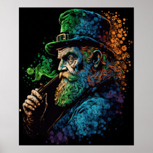 Poster Colorful St Patrick's Leprechaun Fumeurs Pipe