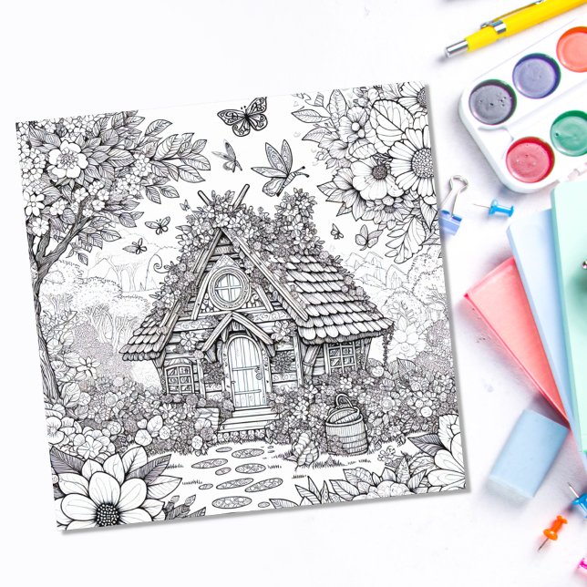 Poster Coloriage Adulte Floral Fairy House Forest (Créateur téléchargé)