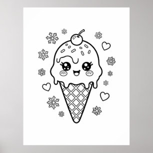 Poster Coloriage cône de glace mignon kawaii