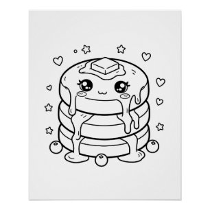 Poster Coloriage d'une pile de pancakes kawaii