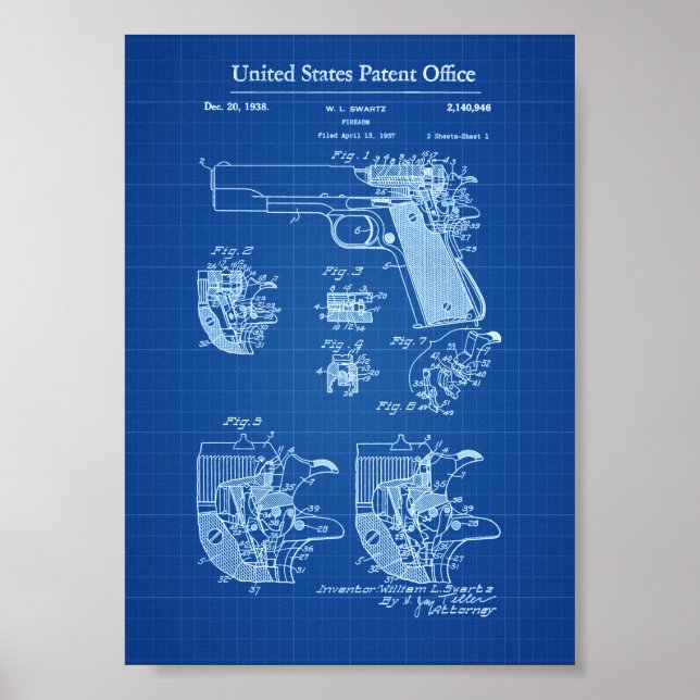 Poster Colt 1911 Brevet d'armes à feu - Plan directeur (Devant)
