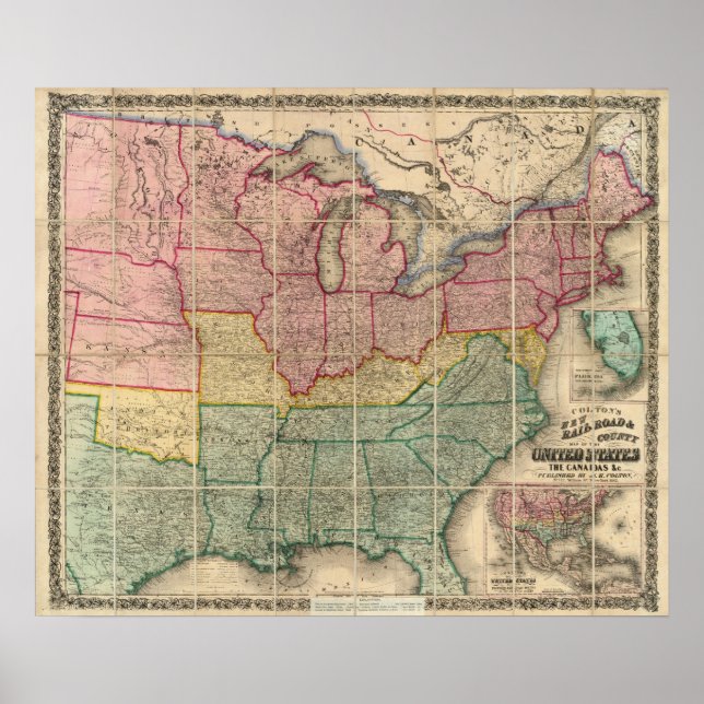 Poster Colton's Railroad and County Map, États-Unis (Devant)