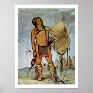 Poster Comanche guerrier avec un bouclier, lance et arc e