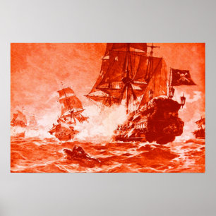 POSTER COMBAT DE NAVIRE PIRATE EN ROUGE