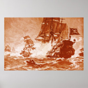 POSTER COMBAT DE NAVIRE PIRATE EN SÉPIA BRUN