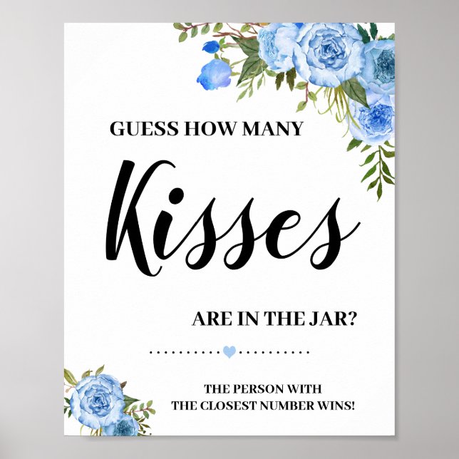 Poster Combien de bisous Jeu de Baby Shower Fleurs Bleues (Devant)
