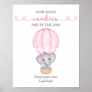 Poster Combien de bonbons Éléphant Rose Baby Shower Jeu