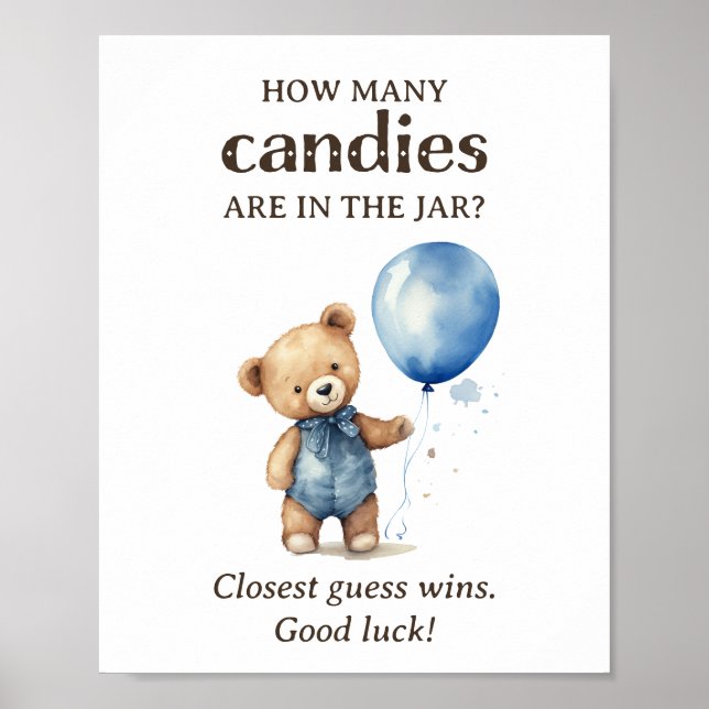 Poster Combien de bonbons Teddy Bear Baby shower garçon (Devant)
