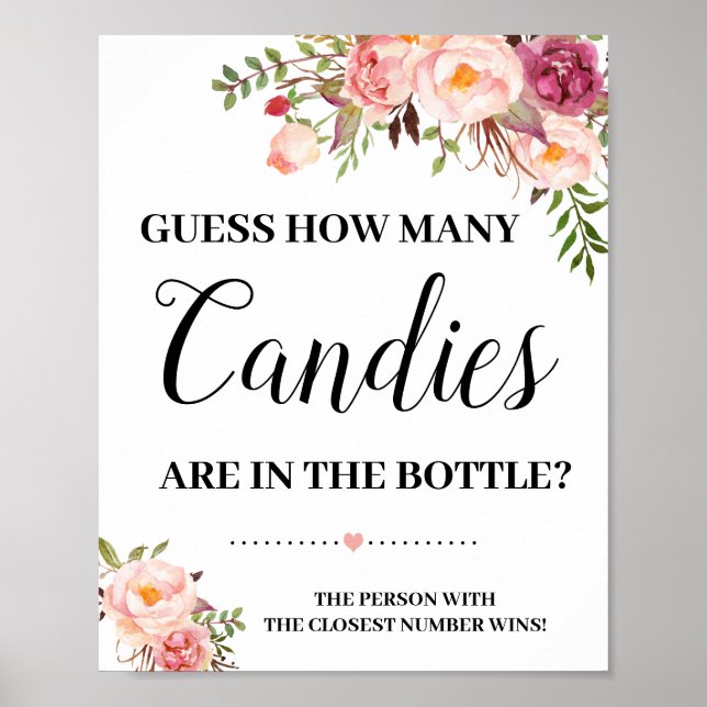 Poster Combien de Candies douche jeu signe fleurs roses (Devant)