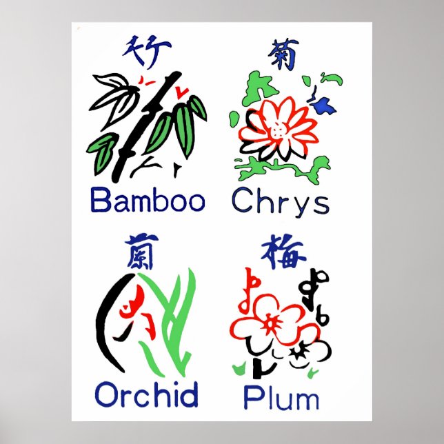 Poster Combinaisons de fleurs de Mahjong, Bleu, Rouge, Ve (Devant)