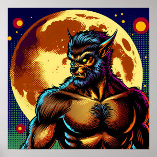 Poster Comic Book Style Werewolf devant la Pleine lune