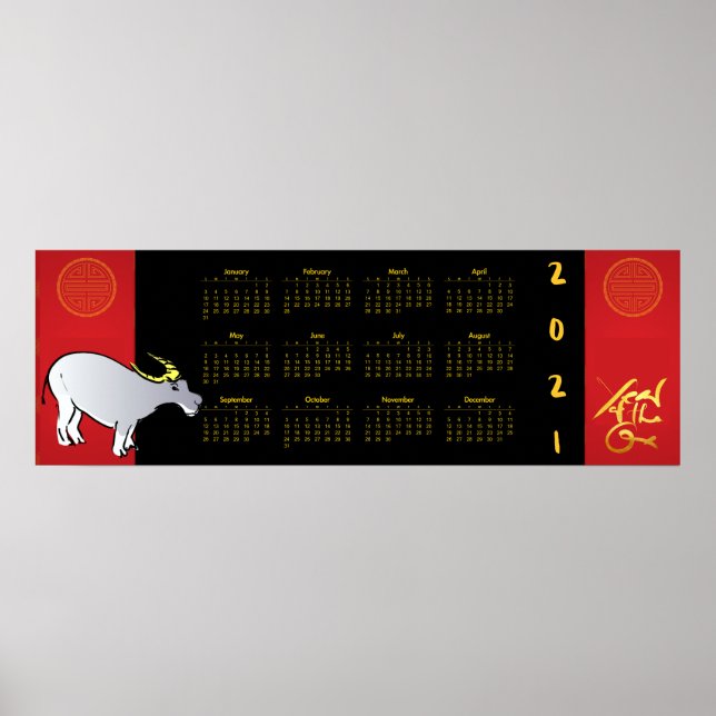 Poster Comics Chinese Ox Année 2021 Calendrier 36x12 Post (Devant)