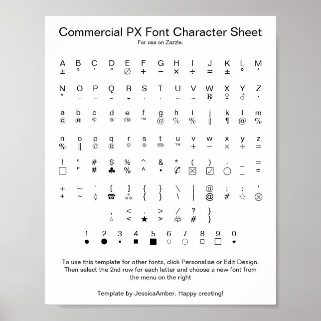 Poster Commercial PX Font Character Sheet for Zazzle (Devant)