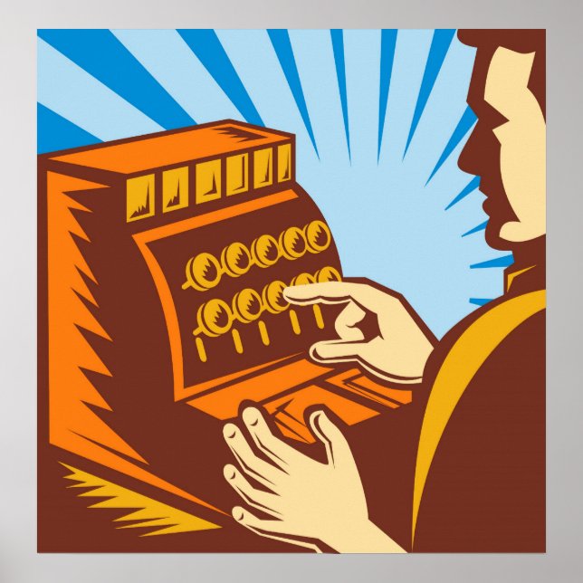 Poster commis aux ventes avec caisse enregistreuse style  (Devant)