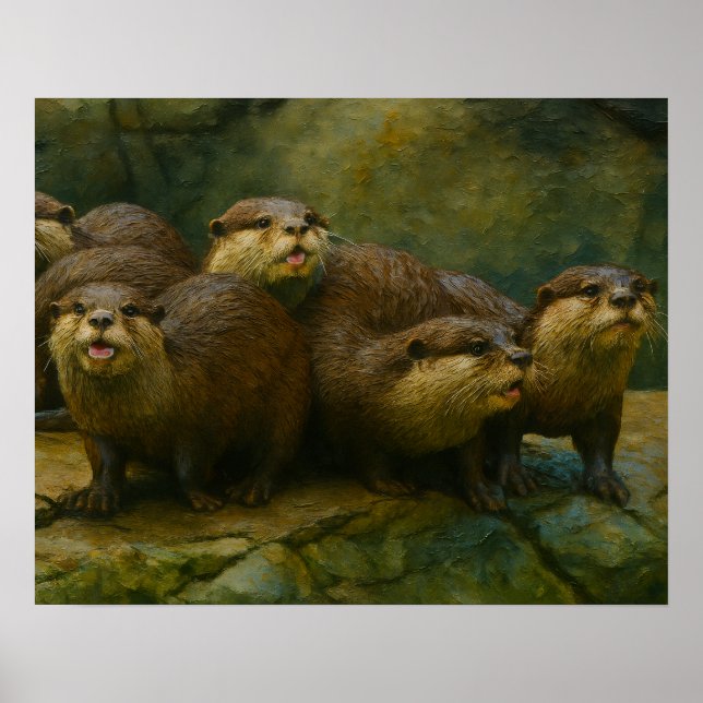 Poster Compagnie curieuse - Famille Otter sur les rochers (Devant)