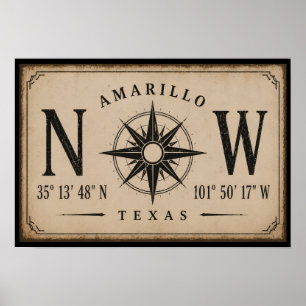 Poster Compas Coordonnées Vintage Amarillo Texas