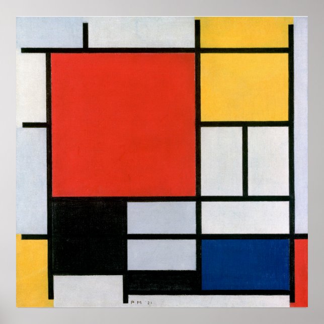 Poster Composition de Mondrian Rouge, Jaune, Bleu, Noir (Devant)