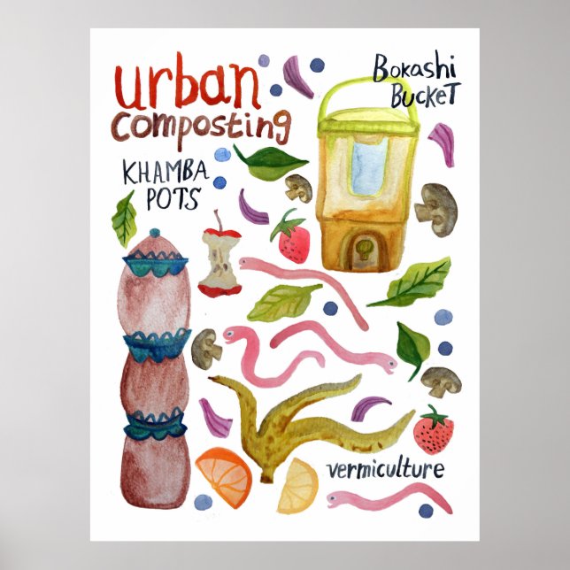Poster Compostage aquarelle Art éco-recyclé (Devant)