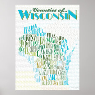 Poster Comtés de la carte typographique du Wisconsin
