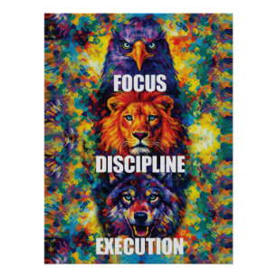 Poster Concentration Discipline Exécution Aigle Lion Loup