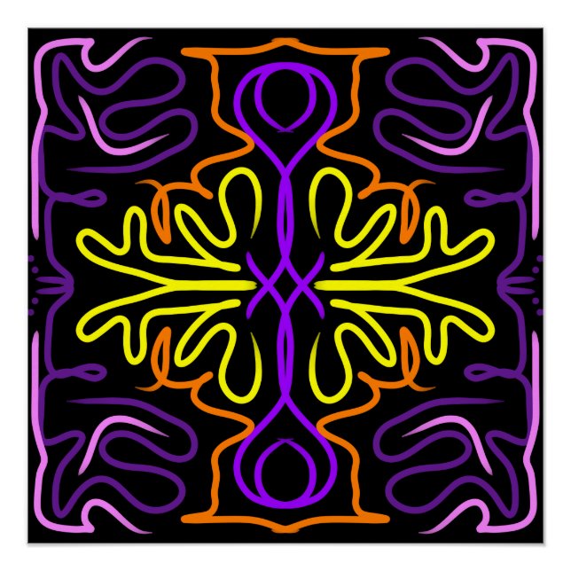 Poster Conception Abstraite violet, jaune, orange et rose (Devant)