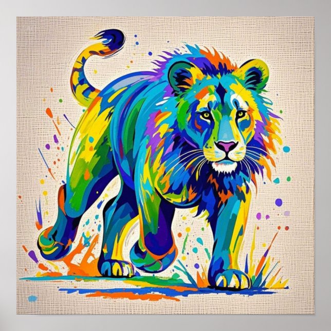 Poster Conception artistique abstraite et colorée de lion (Devant)