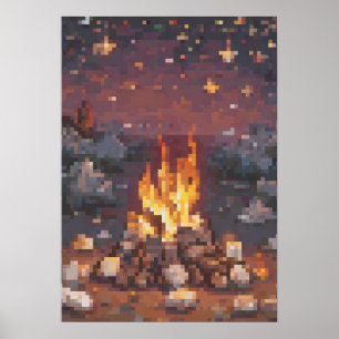 Poster Conception d'art pixel rétro camping - Feu de camp