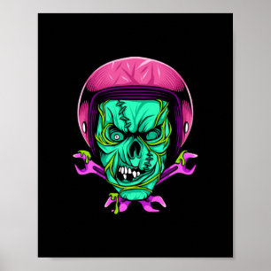 Poster Conception de casque de motard squelette zombie né
