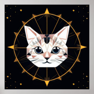 Poster Conception de chat géométrique entourée d'étoiles 