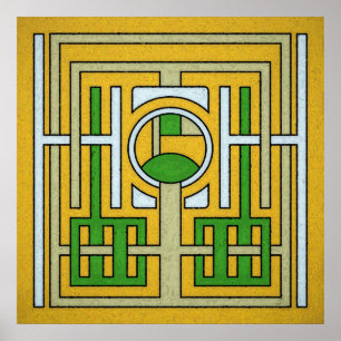 Poster Conception de Maze Abstrait géométrique jaune et v