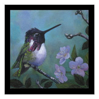 Poster Conception de mur d'oiseau-mouche mignon Fleur ble