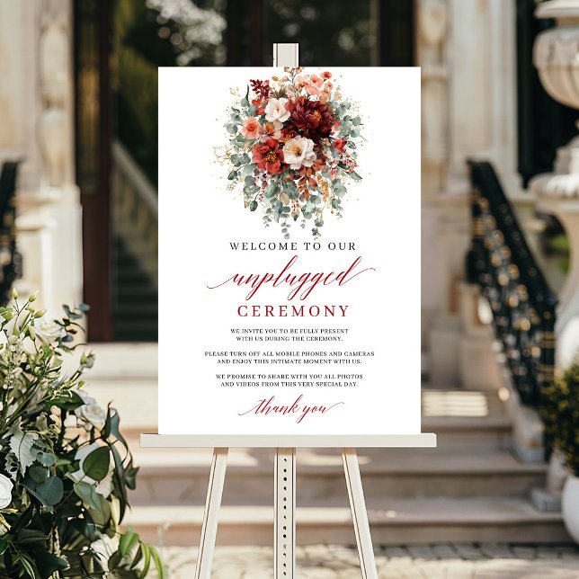 Poster Conception de panneau de cérémonie débranchée Mode (Modern Fall Marsala Unplugged Ceremony Sign Design

)