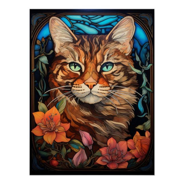 Poster Conception de vitrail de chat tabby à poils longs (Devant)