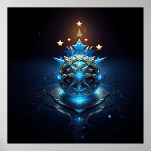 Poster Conception fractale bleue et blanche avec des étoi