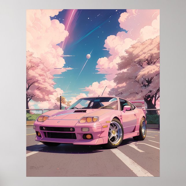 Poster Conduite de voiture rose Pastel esthétique à Tokyo (Devant)