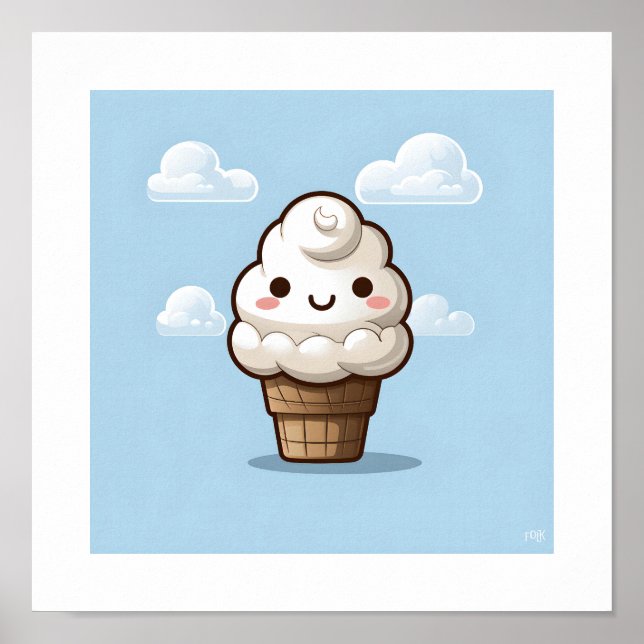 Poster Cone de crème glacée Kawaii Vanilla (Devant)